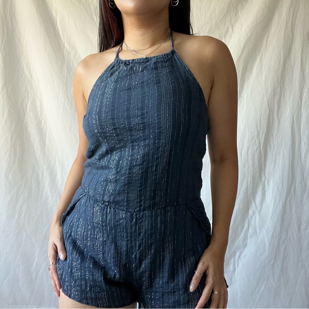 Navy blue stripe halter romper